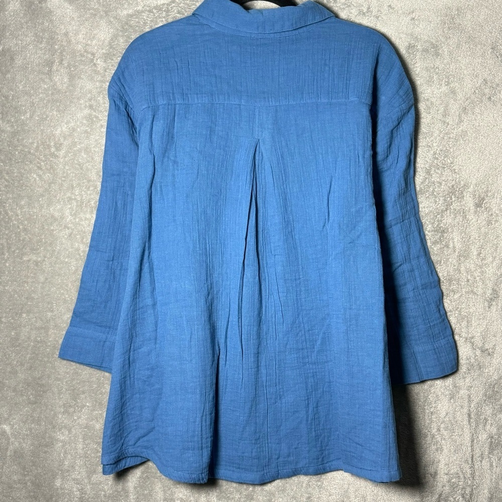 Logo Lor Goldstein XL Top Shirt Blue Solid 3/4 Sleeve Collared Button Up Cotton - Picture 4 of 7